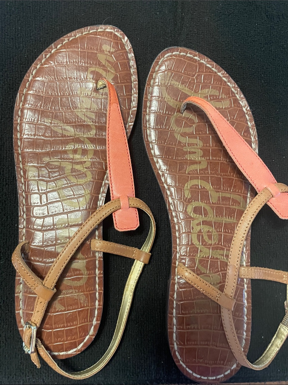 Sam Edelman Brown Croc-Print T-Strap Sandals with Coral Accents